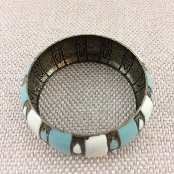 Blue and White Multi Strand Beaded Necklace with Metal Striped Bangle Bracelet - Picture 6 of 12